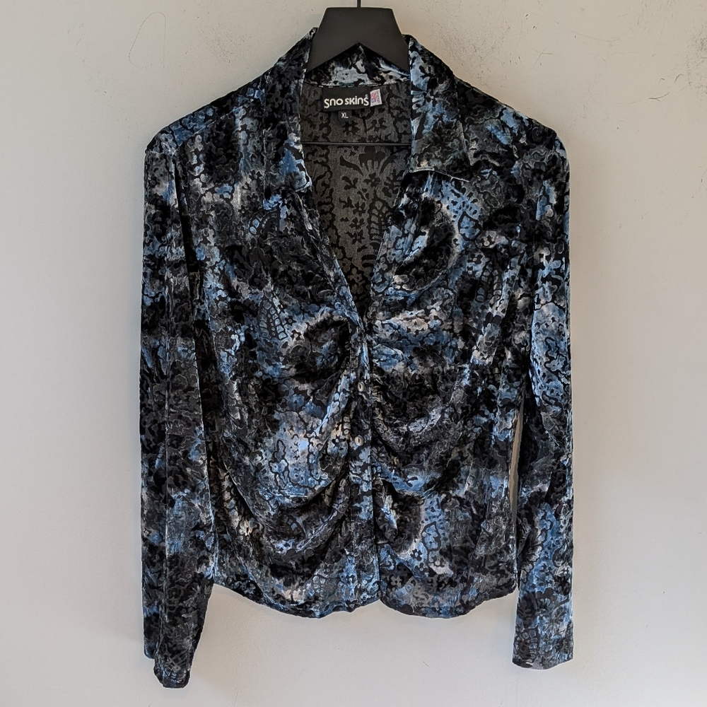 VTG 90s y2k Sno Skins Burnout Velvet Blue Button Up Top XL Grunge Fairy